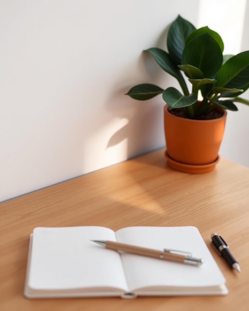 Calm desk with journal and green plant in soft light