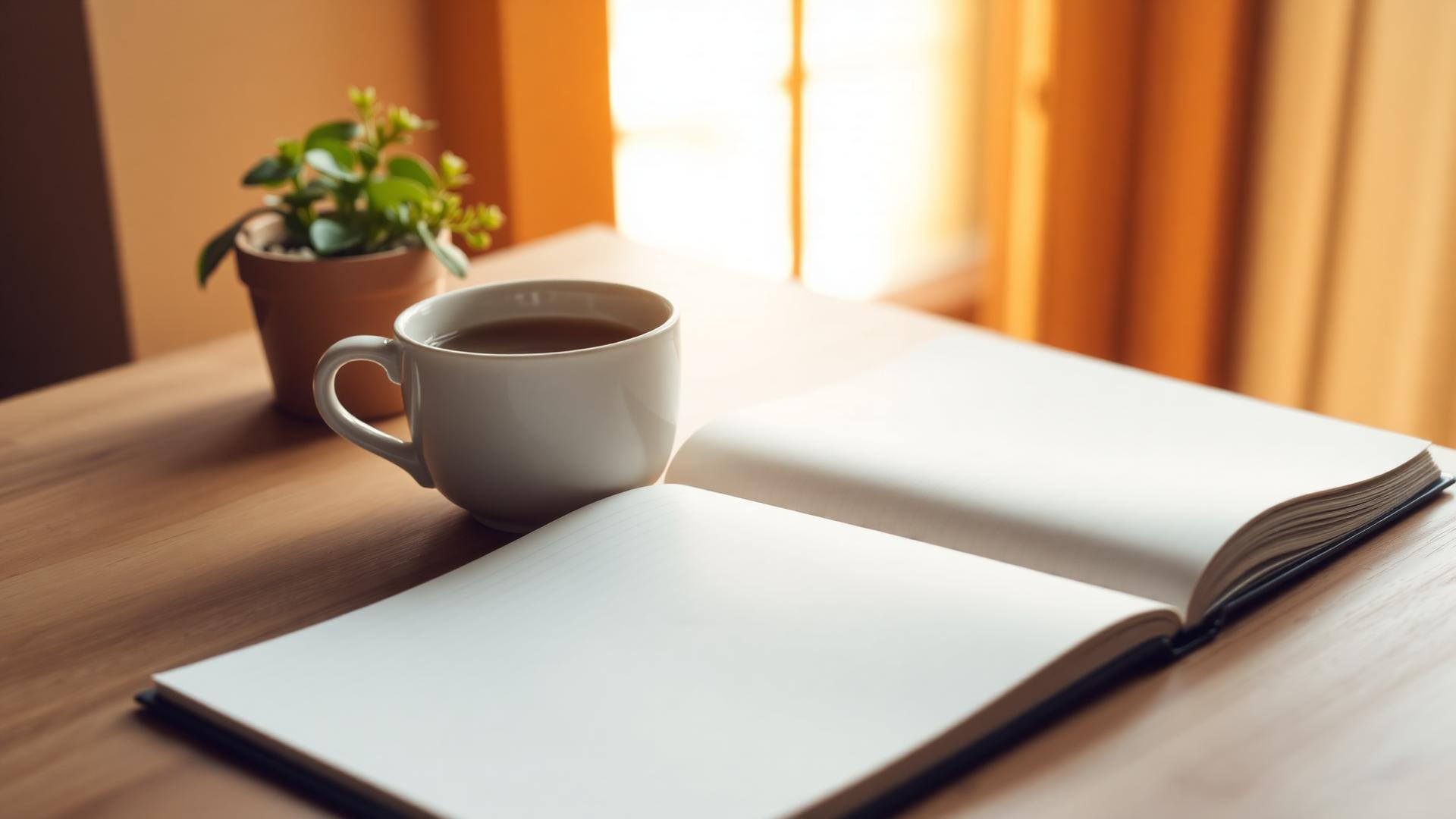Open notebook and warm coffee on a wooden desk in soft window light